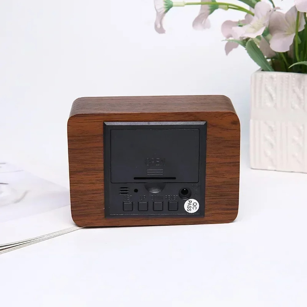Smart LED Wooden Alarm Clock with Voice Control and Dual Power Display