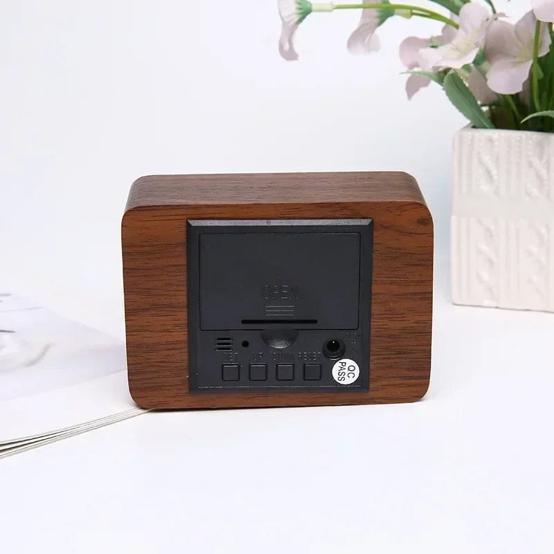 Smart LED Wooden Alarm Clock with Voice Control and Dual Power Display