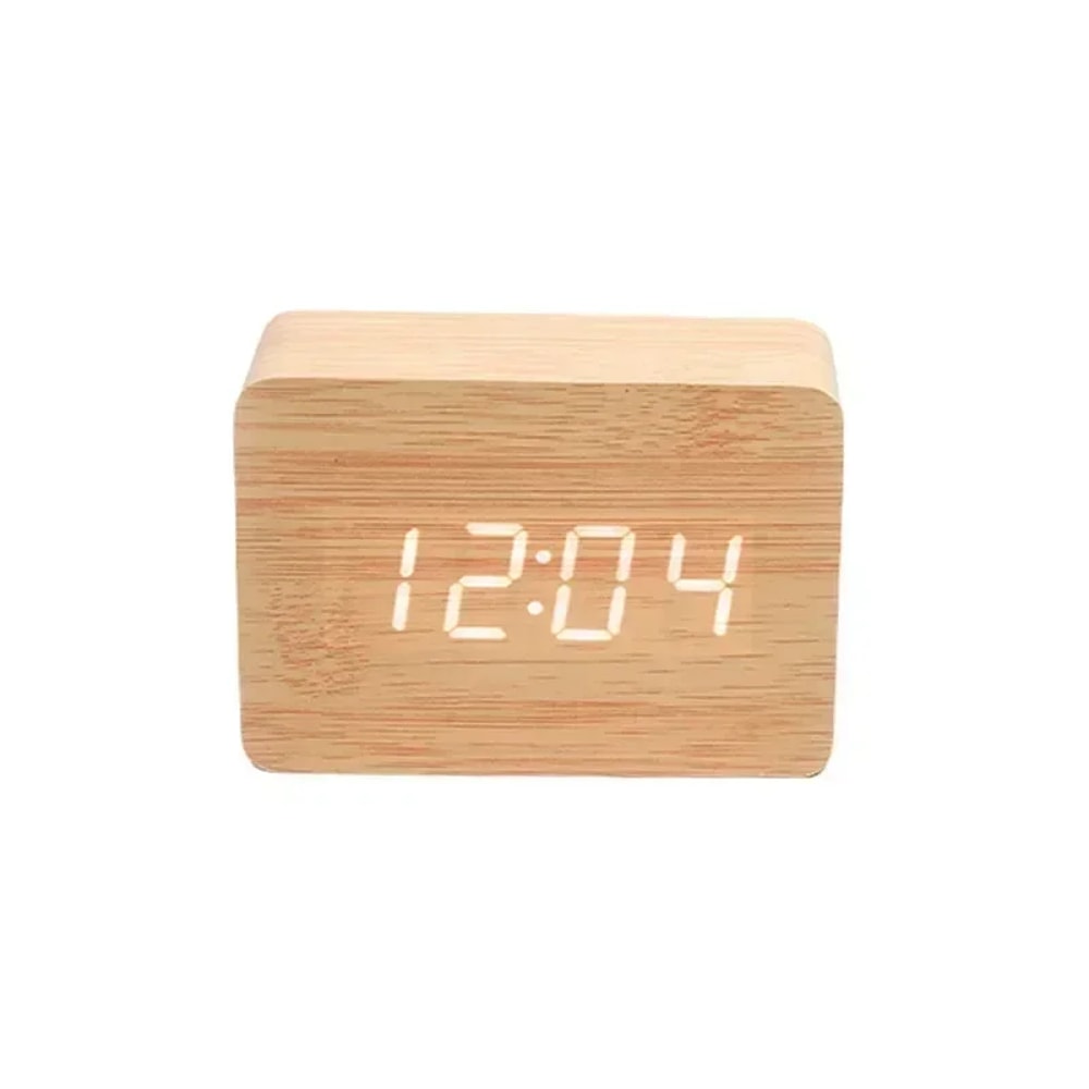 Smart LED Wooden Alarm Clock with Voice Control and Dual Power Display