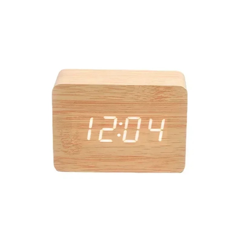 Smart LED Wooden Alarm Clock with Voice Control and Dual Power Display