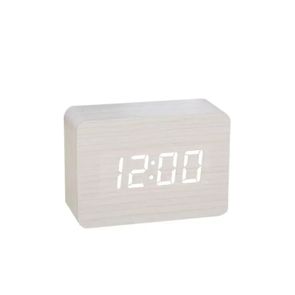 Smart LED Wooden Alarm Clock with Voice Control and Dual Power Display