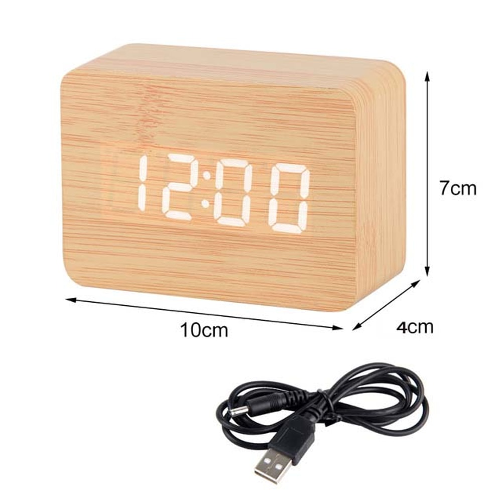 Smart LED Wooden Alarm Clock with Voice Control and Dual Power Display