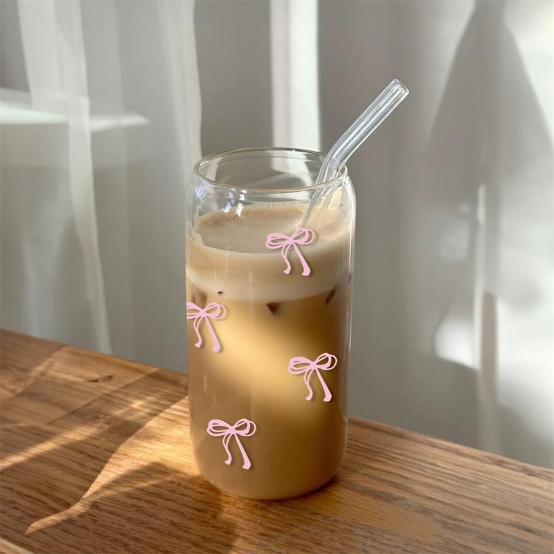 Cute Bow Glass Cup with Lid and Straw Aesthetic Iced Coffee Tumbler