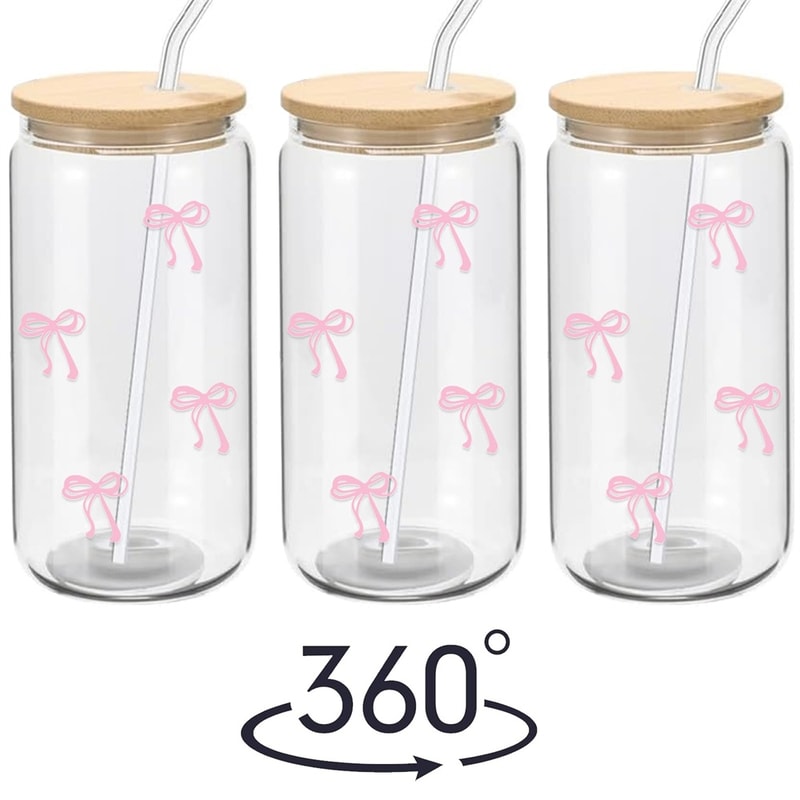 Cute Bow Glass Cup with Lid and Straw Aesthetic Iced Coffee Tumbler