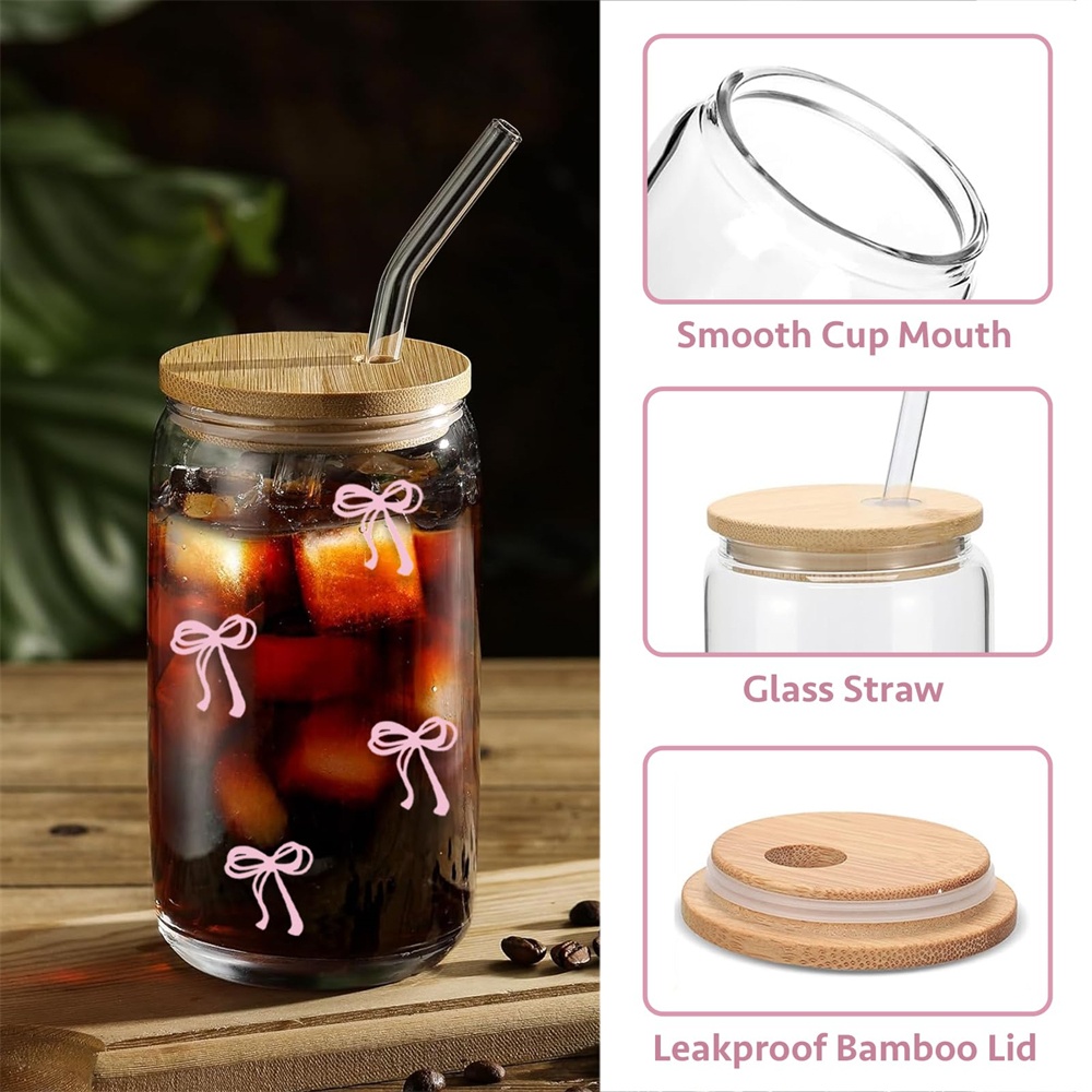 Cute Bow Glass Cup with Lid and Straw Aesthetic Iced Coffee Tumbler