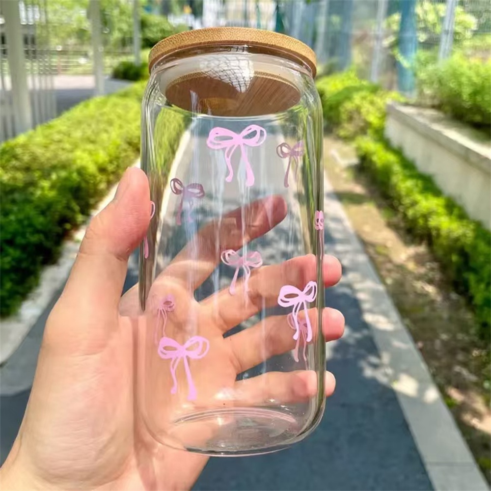 Cute Bow Glass Cup with Lid and Straw Aesthetic Iced Coffee Tumbler
