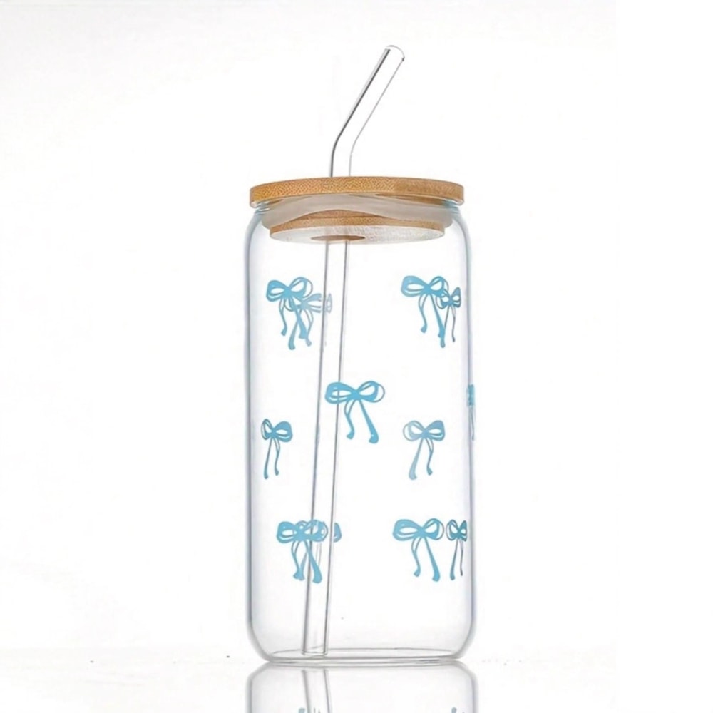 Cute Bow Glass Cup with Lid and Straw Aesthetic Iced Coffee Tumbler