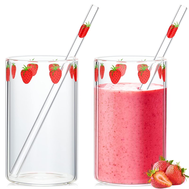 Strawberry Glass Cup with Straw Cute Heat Resistant Drinking Cup