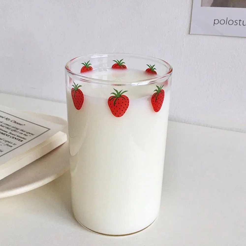 Strawberry Glass Cup with Straw Cute Heat Resistant Drinking Cup