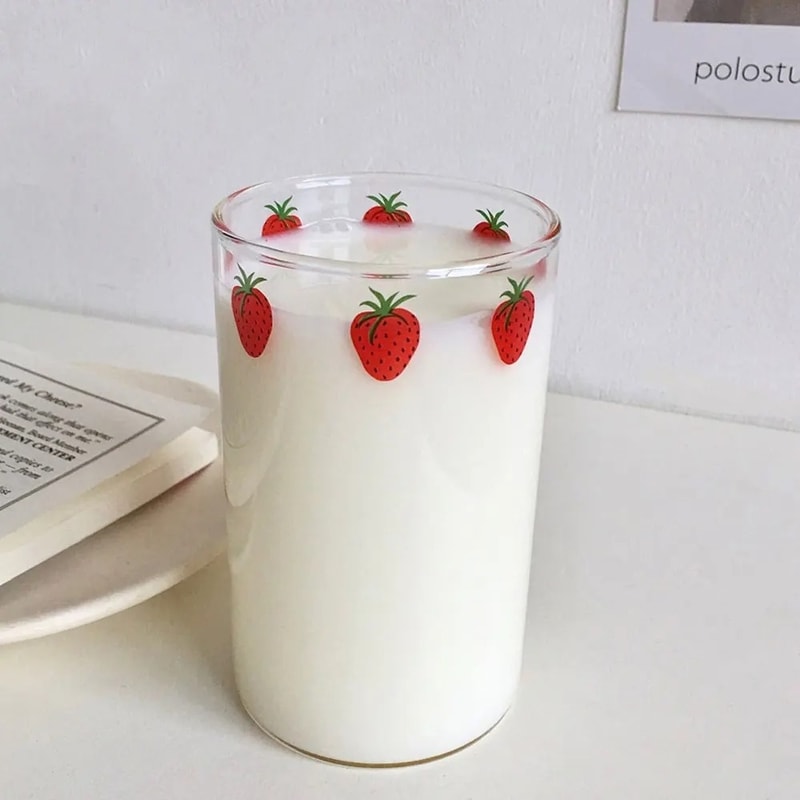 Strawberry Glass Cup with Straw Cute Heat Resistant Drinking Cup