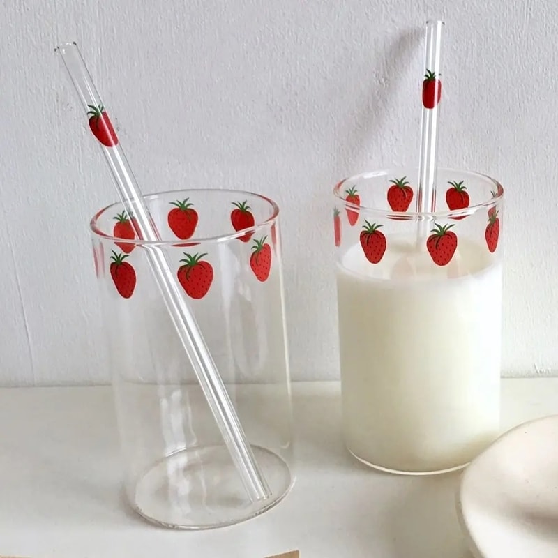 Strawberry Glass Cup with Straw Cute Heat Resistant Drinking Cup