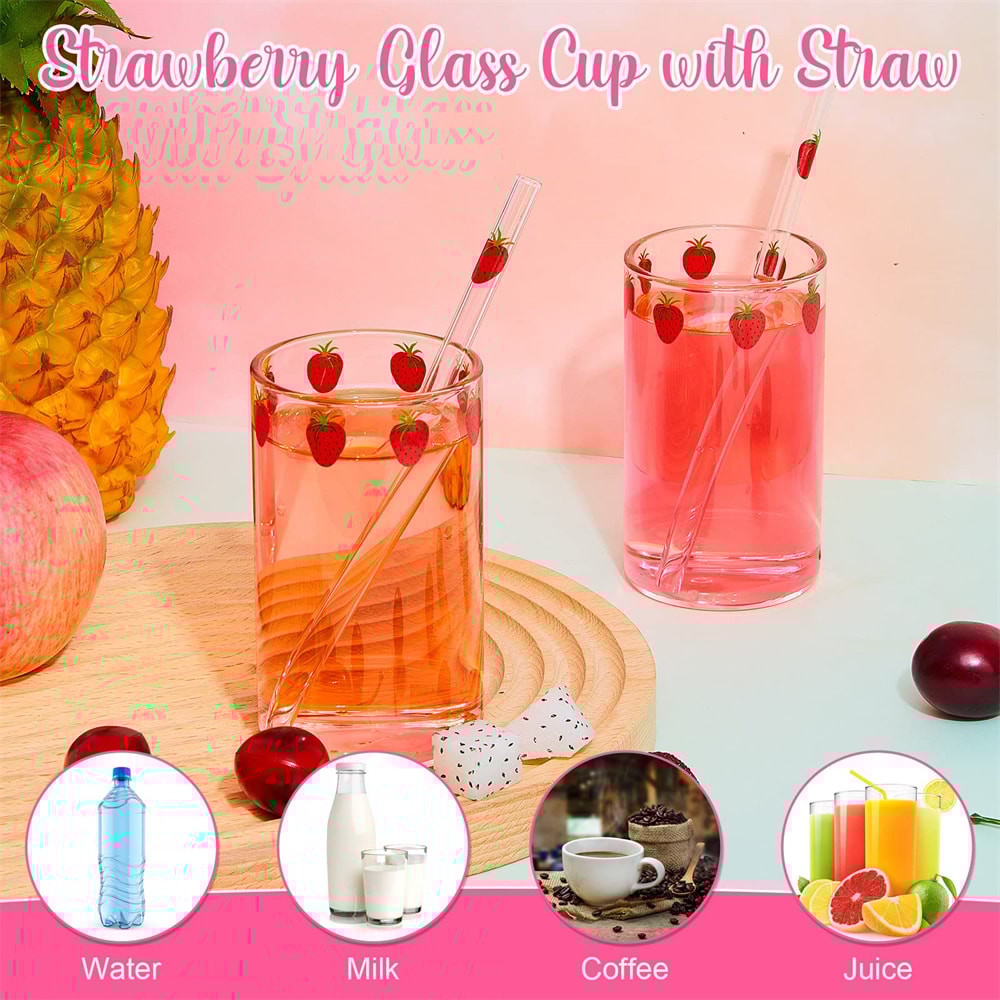 Strawberry Glass Cup with Straw Cute Heat Resistant Drinking Cup
