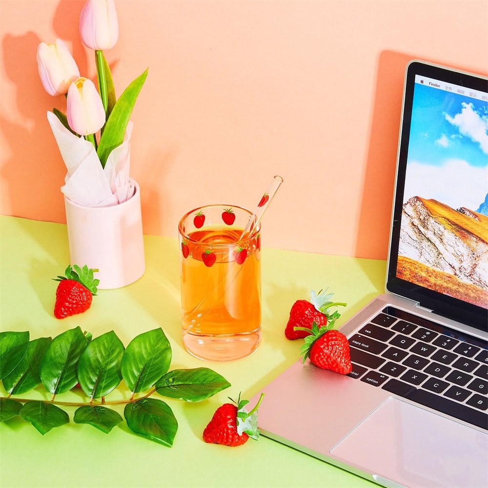 Strawberry Glass Cup with Straw Cute Heat Resistant Drinking Cup