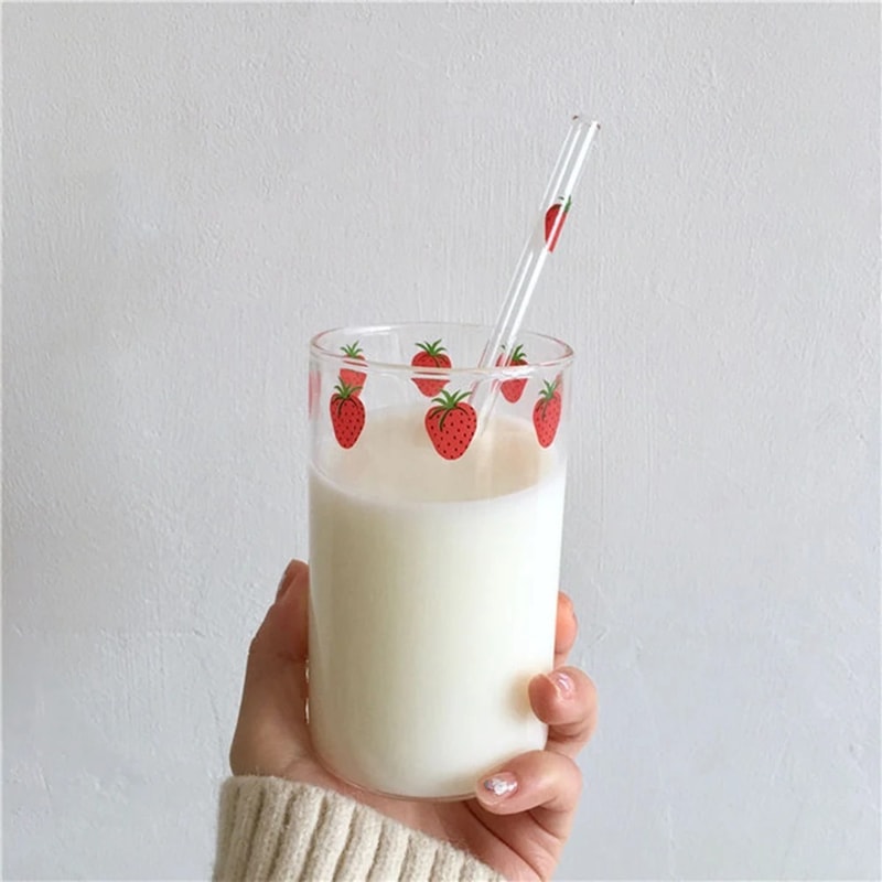Strawberry Glass Cup with Straw Cute Heat Resistant Drinking Cup