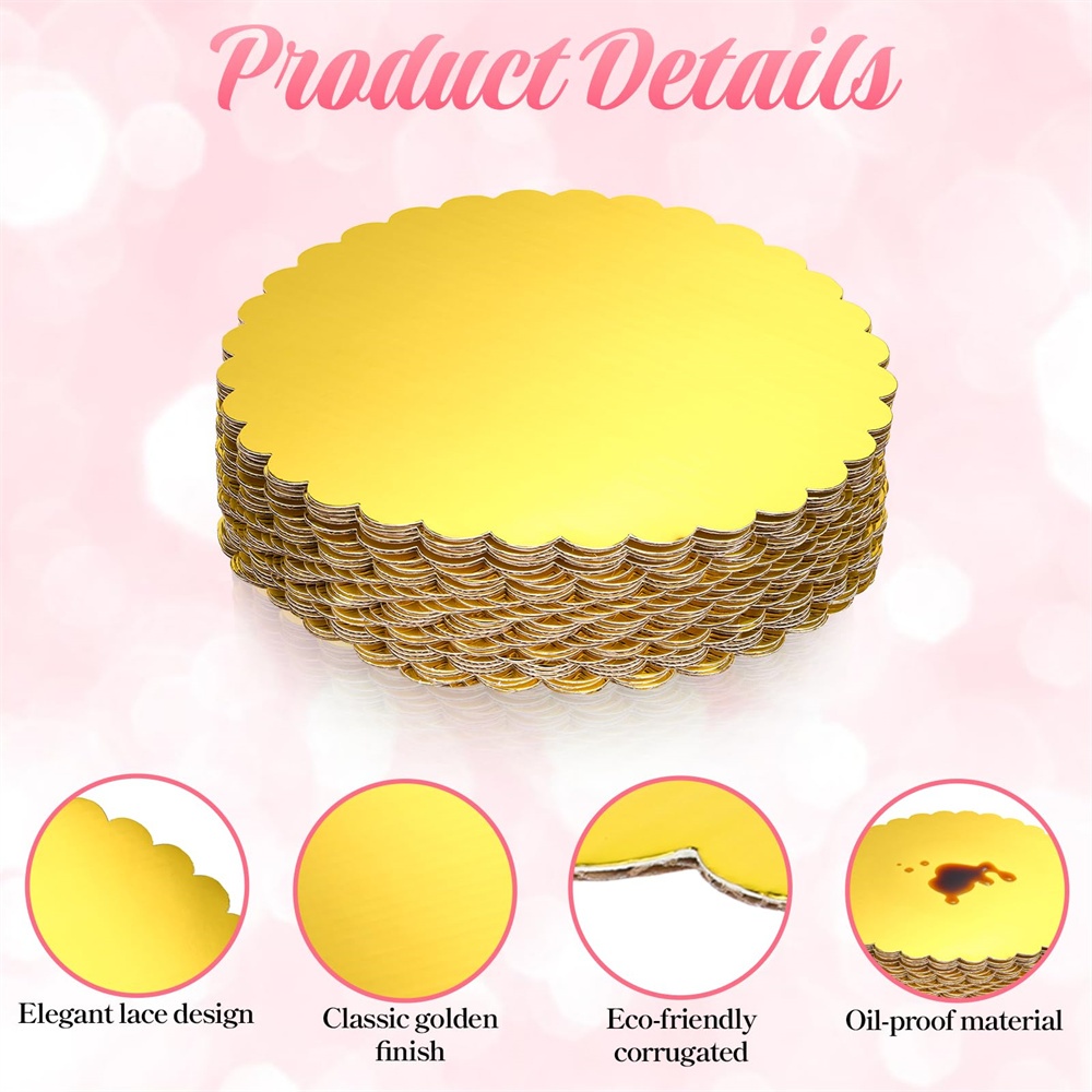 Premium Gold Cake Boards Set with Scalloped Edge Greaseproof Round Cake Boards 5 Pack 8 and 10 Inch