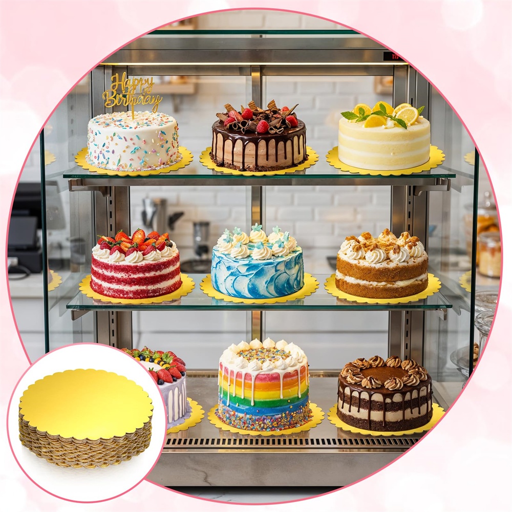 Premium Gold Cake Boards Set with Scalloped Edge Greaseproof Round Cake Boards 5 Pack 8 and 10 Inch