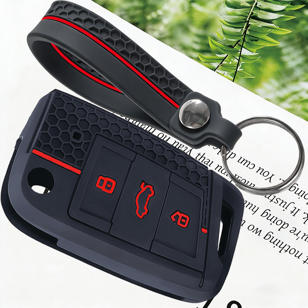 Premium Leather Car Key Case Cover with Keychain for VW Skoda Seat Smart Key Protection