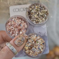colorful shell nail powder with platinum foil & rhinestone charms
