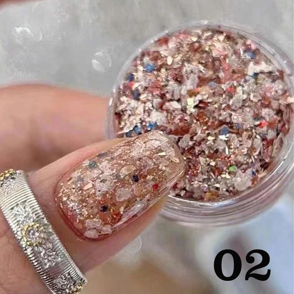 Colorful Shell Nail Powder with Platinum Foil & Rhinestone Charms