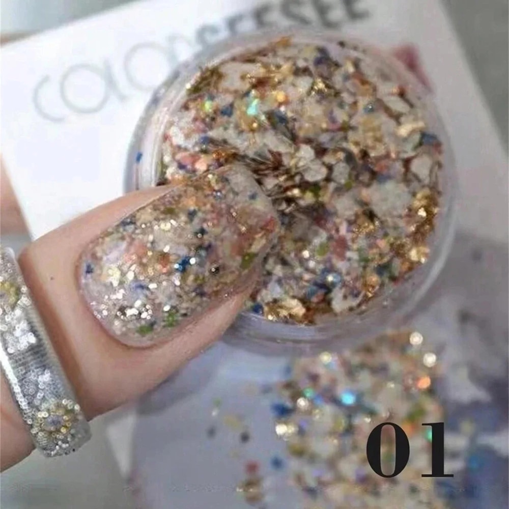 Colorful Shell Nail Powder with Platinum Foil & Rhinestone Charms