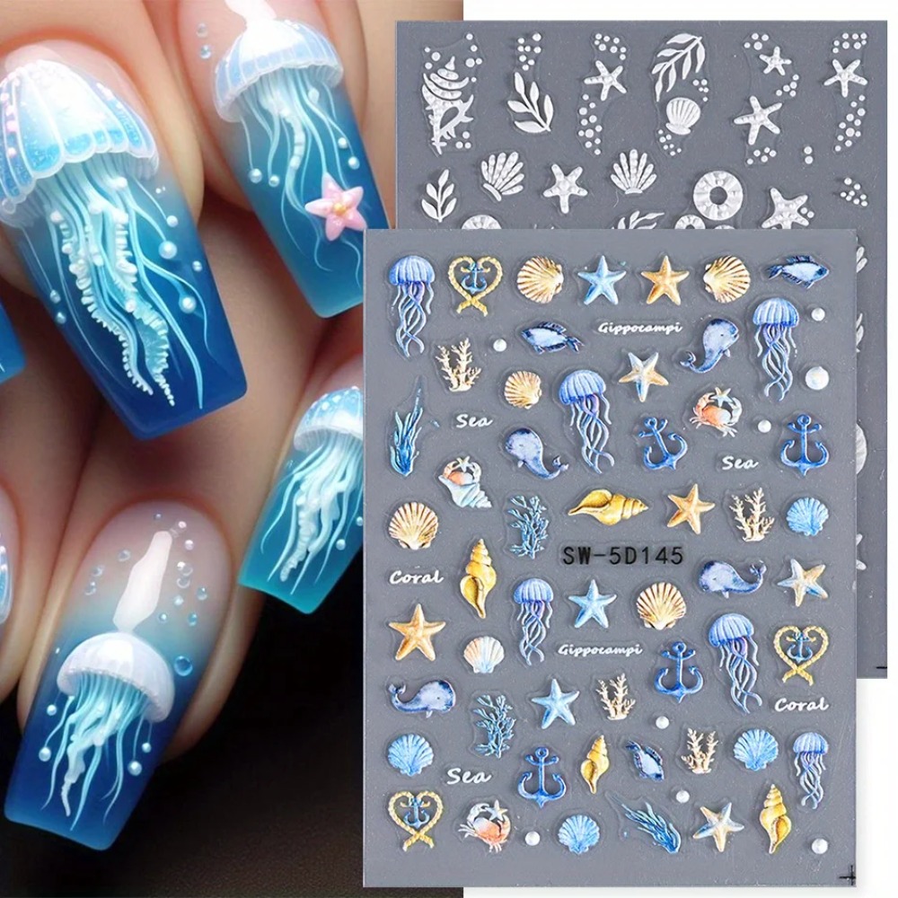 Mermaid Nail Stickers for Summer Beach Manicure Embossed Foils & Decals