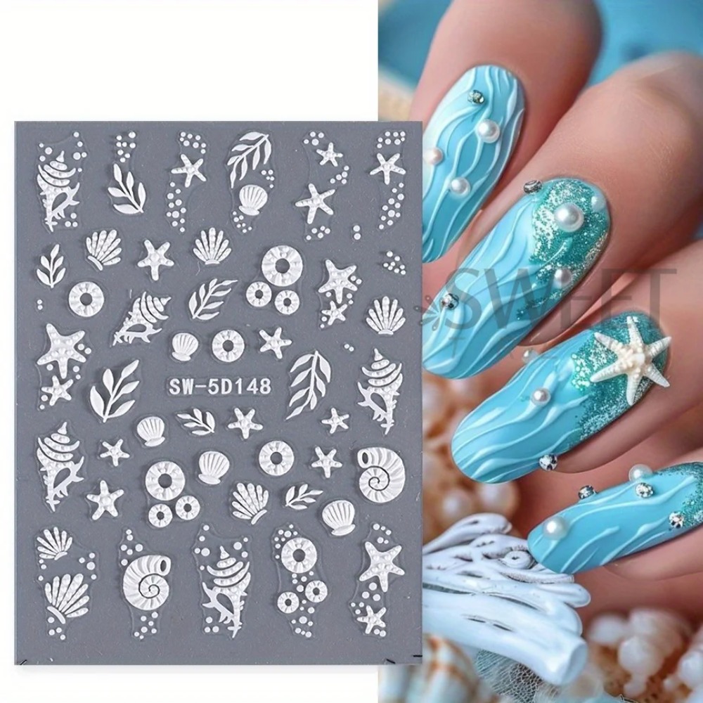 Mermaid Nail Stickers for Summer Beach Manicure Embossed Foils & Decals