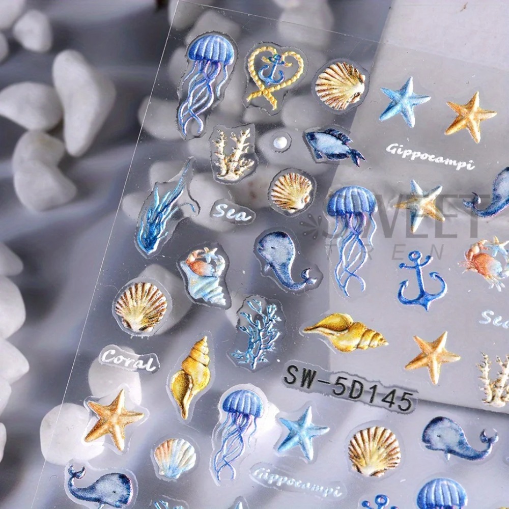 Mermaid Nail Stickers for Summer Beach Manicure Embossed Foils & Decals