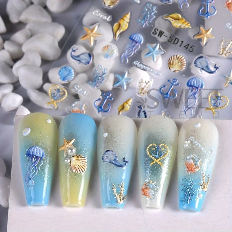 Mermaid Nail Stickers for Summer Beach Manicure Embossed Foils & Decals