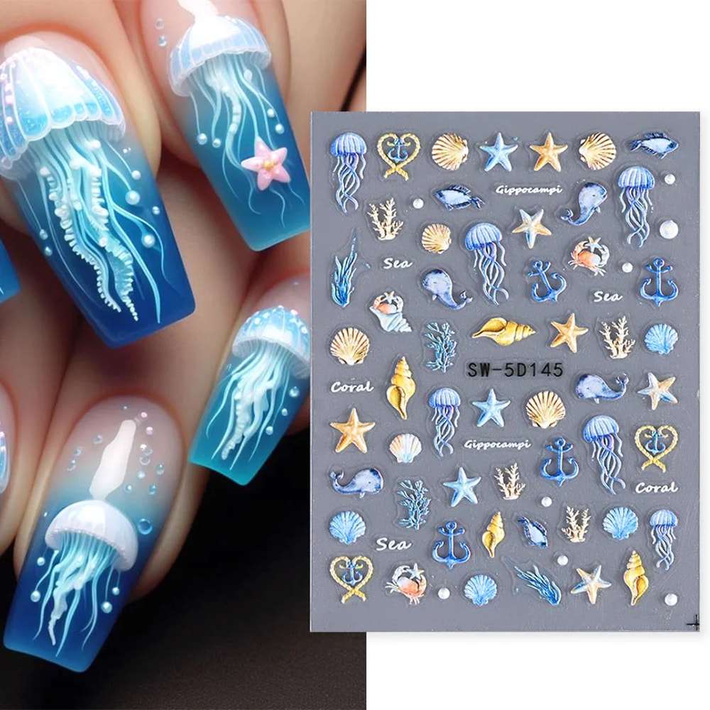 Mermaid Nail Stickers for Summer Beach Manicure Embossed Foils & Decals