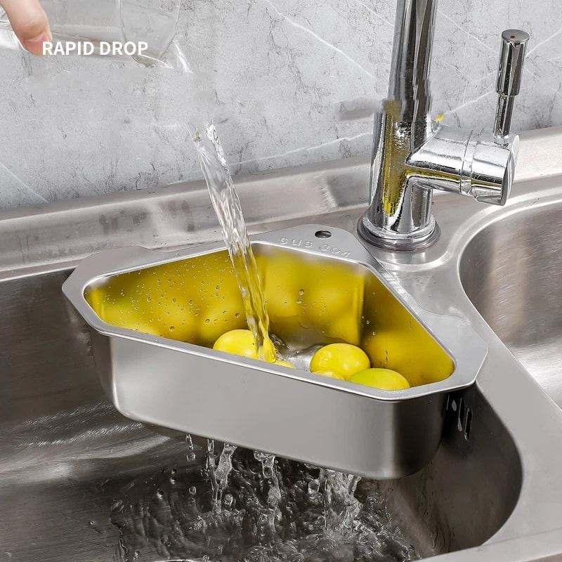 Stainless Steel Triangle Sink Drain Basket With Suction Cup Kitchen Organizer Rack 0