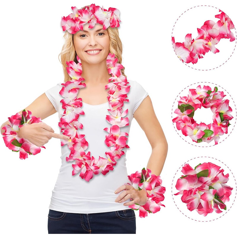 Hawaiian Leis Set Tropical Flower Necklaces and Bracelets for Luau Party Decorations