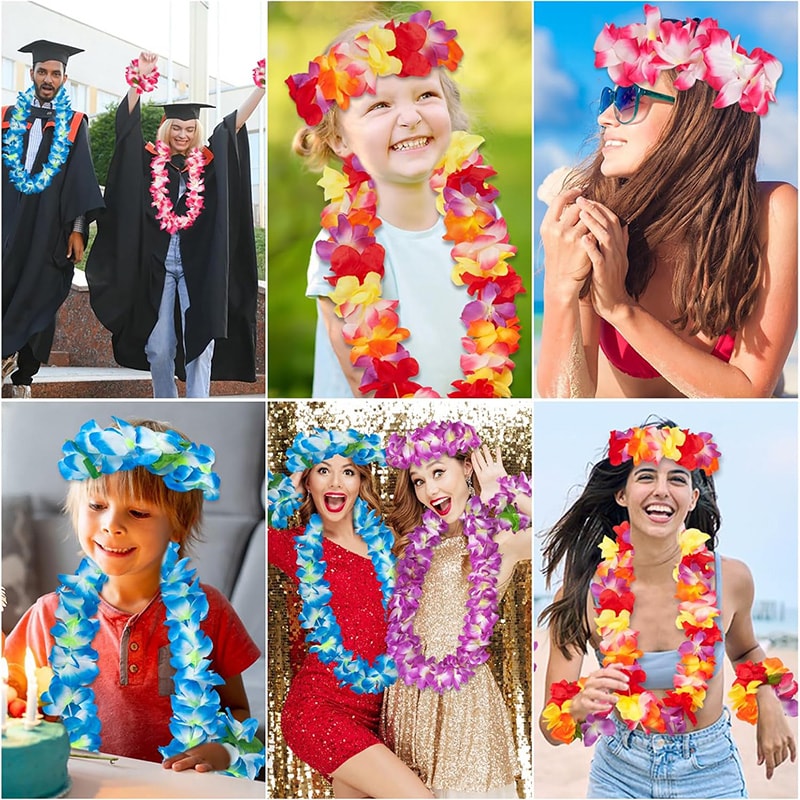 Hawaiian Leis Set Tropical Flower Necklaces and Bracelets for Luau Party Decorations
