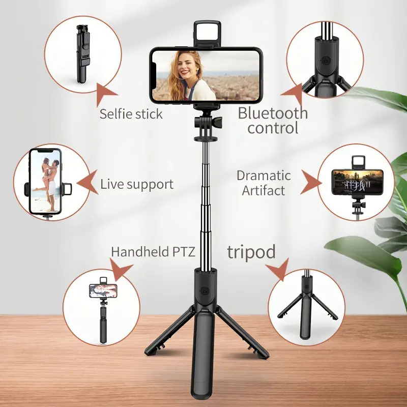 All in One Extendable Portable Selfie Stick Tripod with Bluetooth Remote
