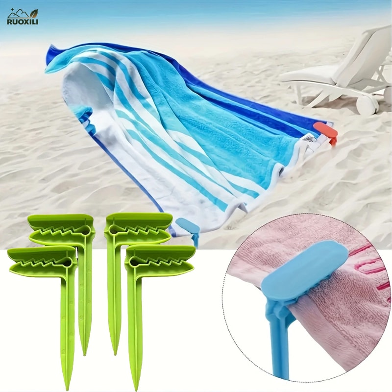 Beach Towel Clips & Sand Stakes Windproof Beach Towel Clips for Secure Outdoor Relaxation