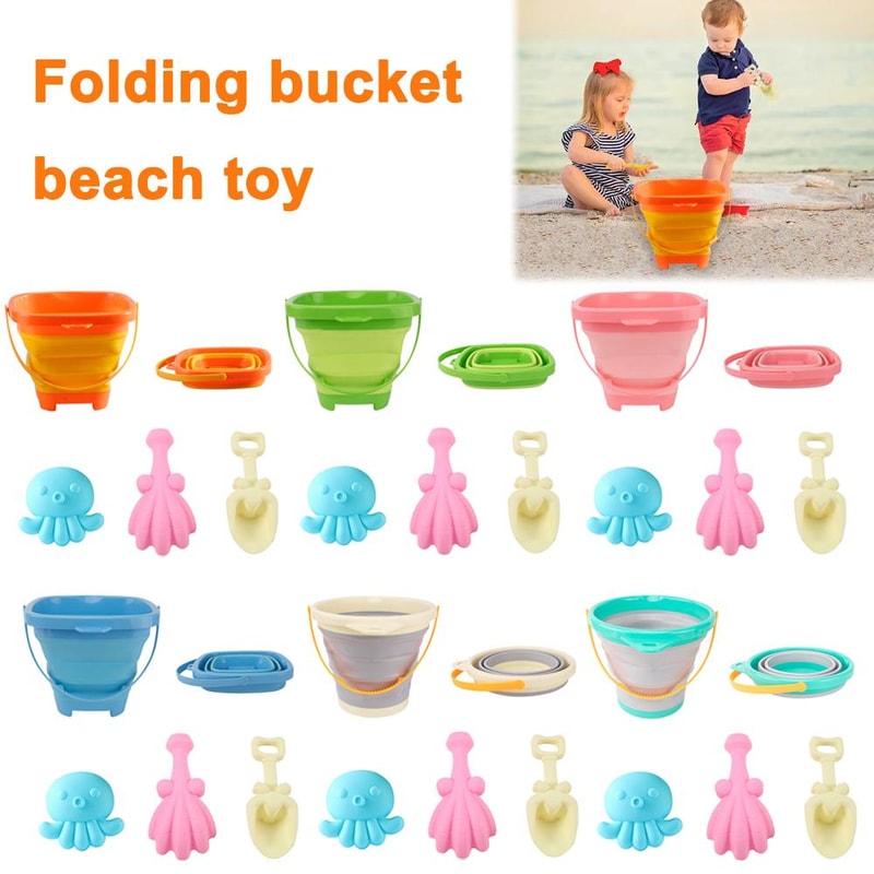 Foldable Kids Beach Bucket Set Travel Sand Toy Kit With Shovel 3