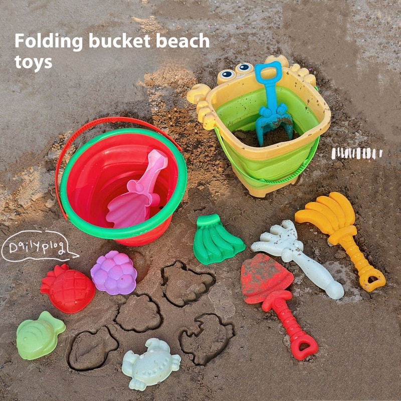 Foldable Beach Bucket Set With Sand Molds Travel Friendly Kids Sand Toys 3