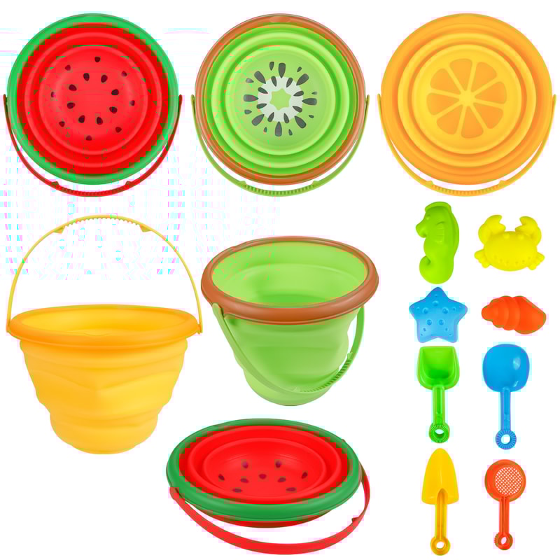 Collapsible Silicone Beach Toy Set for Kids with Foldable Bucket Travel Sand Toys