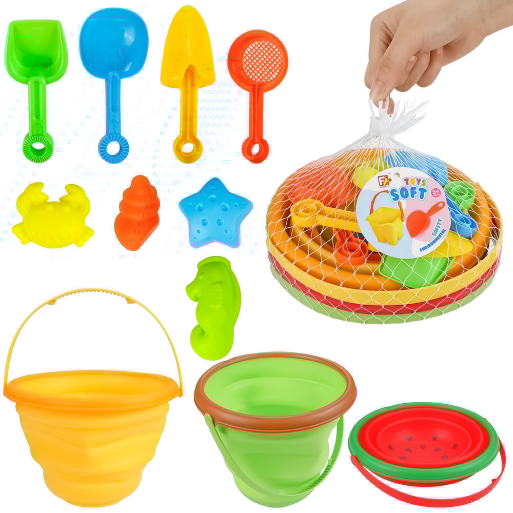 Collapsible Silicone Beach Toy Set for Kids with Foldable Bucket Travel Sand Toys