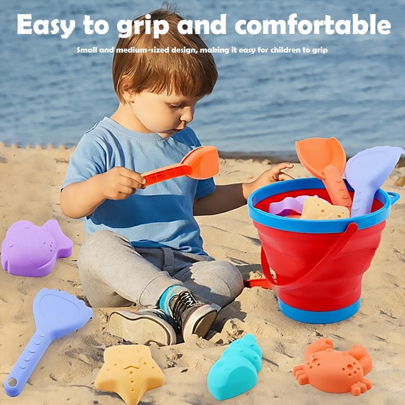 Foldable Beach Toys Set with Collapsible Bucket Portable Toddler Sand Toys Kit