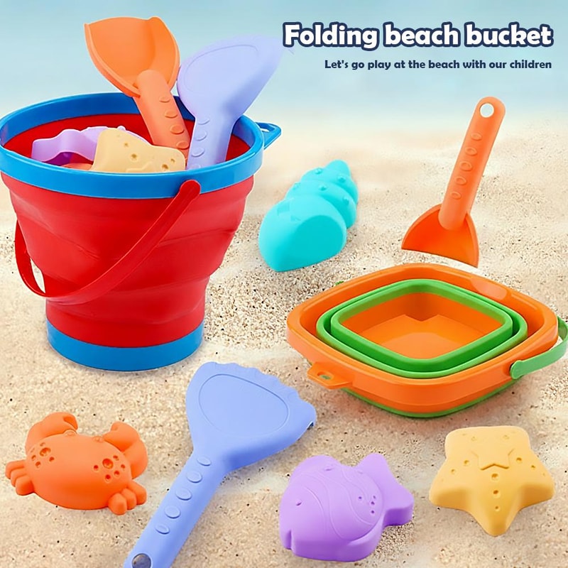 Collapsible Kids Beach Toy Set With Folding Bucket Sand Play Kit 2
