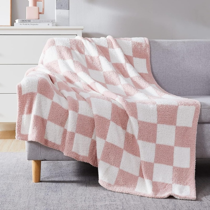 Pink Checkered Throw Blanket Soft Cozy Lightweight Couch Blanket for Bed Travel