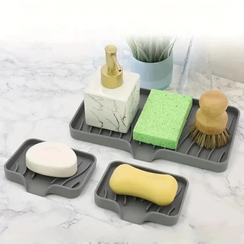 Silicone Soap Holder with Drain Tray Anti Slip Sink Organizer for Kitchen and Bathroom
