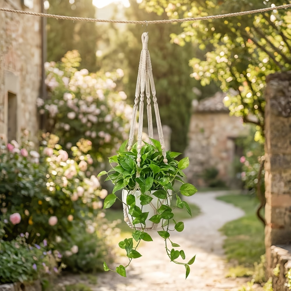 Macrame Plant Hanger With Wooden Beads Indoor Outdoor Hanging Planter Holder 3