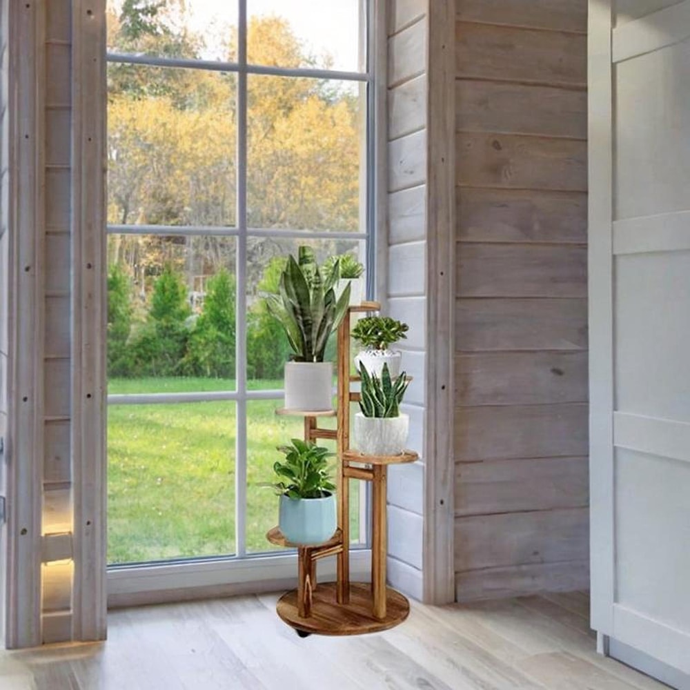 Rolling Wooden Plant Stand with Wheels Multi Tier Indoor Outdoor Plant Shelf
