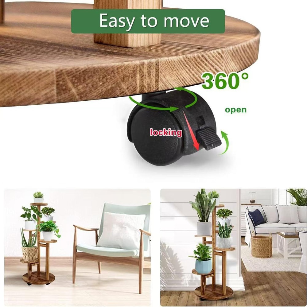 Rolling Wooden Plant Stand with Wheels Multi Tier Indoor Outdoor Plant Shelf