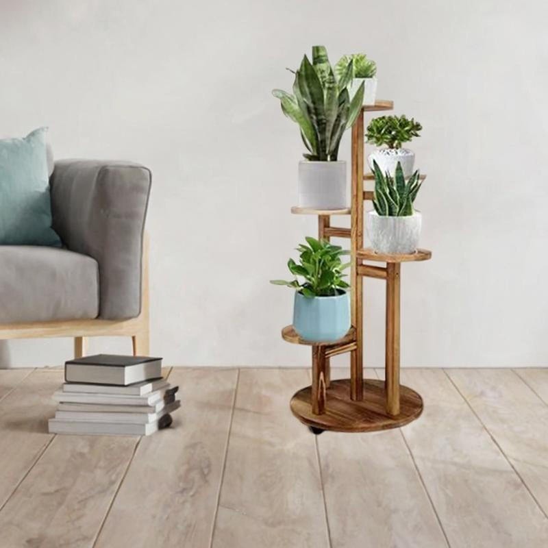 Rolling Wooden Plant Stand with Wheels Multi Tier Indoor Outdoor Plant Shelf