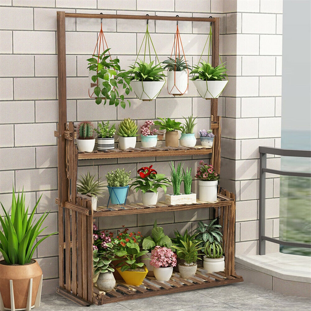 Heavy Duty Wooden Plant Stand Indoor Outdoor Multi Tier Hanging Planter Shelf