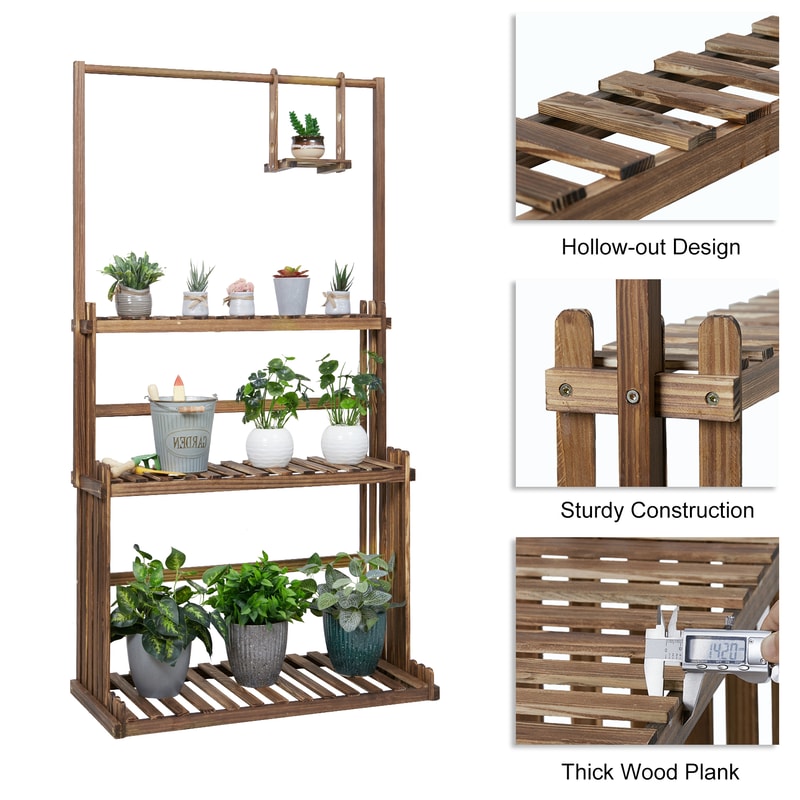 Heavy Duty Wooden Plant Stand Indoor Outdoor Multi Tier Hanging Planter Shelf