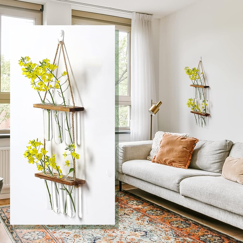 Tier Wall Hanging Planter with Glass Terrarium Vase & Wooden Frame