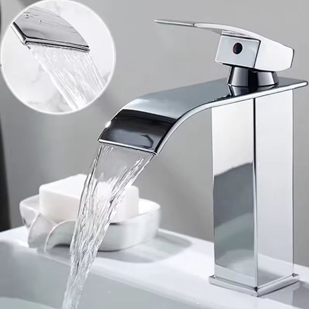 Waterfall Bathroom Faucet Black Stainless Steel Sink Mixer Hot And Cold Basin Tap 1